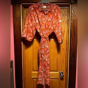 Palma Montreal Block Print Button Front Dress Floral Pink Red M/L India Maxi Cot